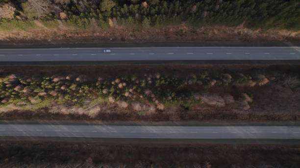 carros de trânsito em estrada de várias pistas entre florestas profundas - multiple lane highway highway car field - fotografias e filmes do acervo