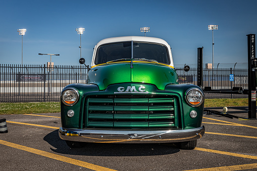 Lebanon, TN - May 13, 2022: Low perspective front view of a 1949 GMC 100 Panel Truck at a local car show.
