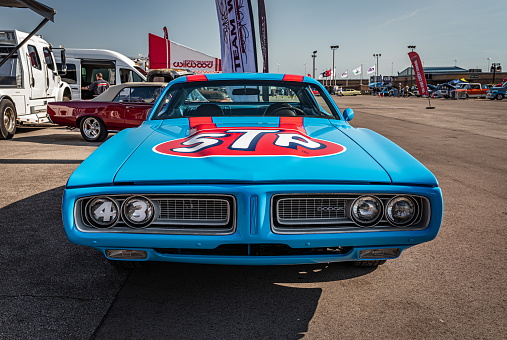 Lebanon, TN - May 13, 2022: Wide angle high perspective front view of a Customized 1971 Dodge Charger Hardtop Coupe at a local car show.