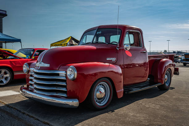 1952 Chevrolet 3100 Pickup Truck Lebanon, TN - May 13, 2022: Low perspective front corner view of a 1952 Chevrolet 3100 Pickup Truck at a local car show. 1952 stock pictures, royalty-free photos & images
