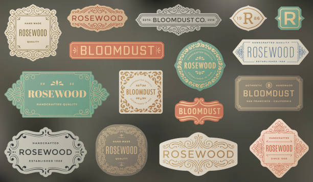 Modern vintage frames and labels. Collection of luxury labels and frames with swirls on blurred background.