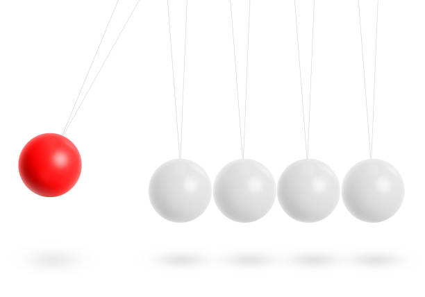High resolution render of Newton's Cradle, with a Red sphere, trying to interpret motion  and individuality and \