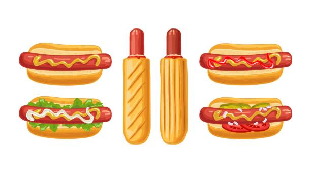 illustrations, cliparts, dessins animés et icônes de 6 types différents de hot-dog avec tomate, ketchup, mayonnaise, laitue, moutarde, oignon. icône plate de couleur vectorielle - hotdogging