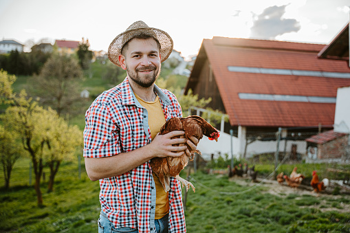 Smiling male farmer in hat holding brown hen while standing in rural field during sunny summer day