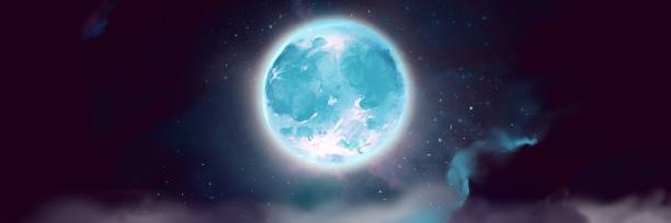 istock Wide size landscape illustration of a light blue eerie full moon shining brightly in the night sky. 1413070376