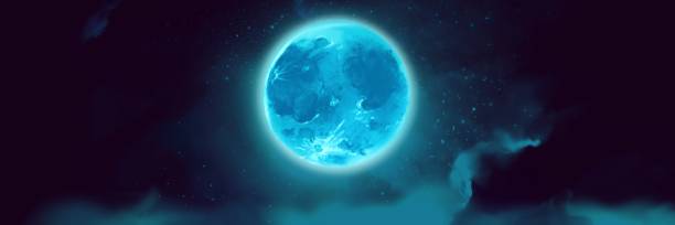 istock Wide size landscape illustration of a light blue eerie full moon shining brightly in the night sky. 1413070421