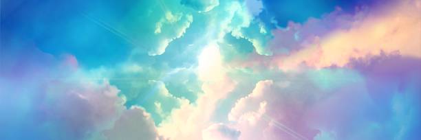 ilustraciones, imágenes clip art, dibujos animados e iconos de stock de ilustración de paisaje de gran tamaño de una hermosa entrada al cielo que brilla divinamente a través de nubes de colores del arco iris. - god spirituality sunbeam heaven