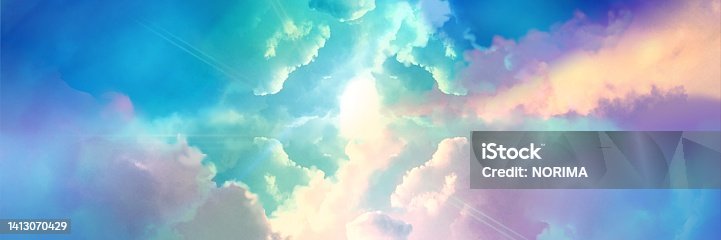 istock Wide size landscape illustration of a beautiful entrance to heaven shining divinely through rainbow colored clouds. 1413070429
