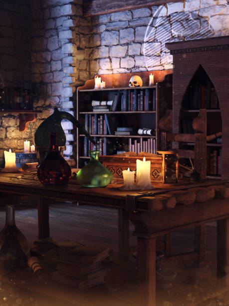 istock Alchemical laboratory with candles and books 1413070652