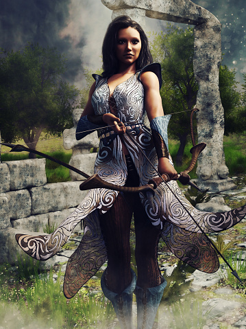 Fantasy woman archer standing with a bow in front of a ruined temple in the forest. 3D render - the woman is a 3D object.