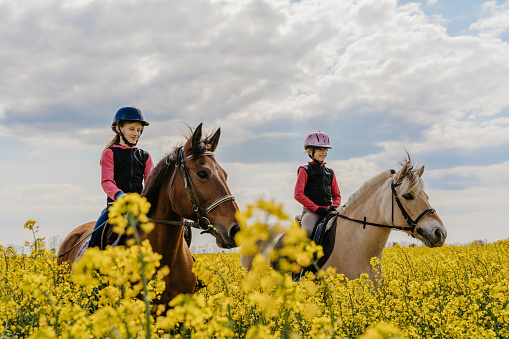 Happy teenage girls practicing together while riding horse amidst oilseed rape farm against cloudy sky