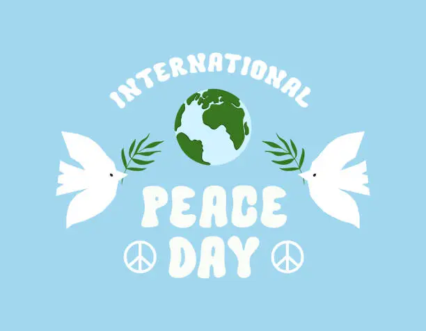 Vector illustration of International Peace Day vector Illustration with symbol planet earth, text, pigeons and branches