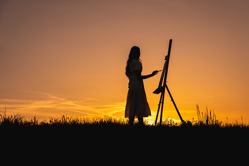 Woman painting on canvas while standing on grassy field against orange sky during sunset