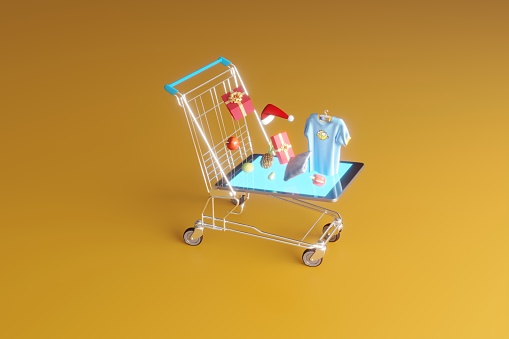 Shopping cart shaped smartphone, symbolizing financial technology and online shopping
