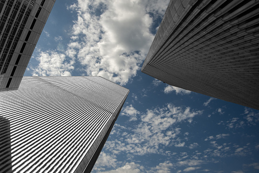 New York, United States of America, USA - September 07, 2001:
World Trade Center. Twin towers. Memory of the tragic attack of 11 September 2001. Architecture and landscape in the foreground.