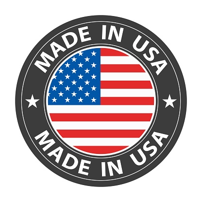 Made in USA badge vector. Sticker with stars and national flag. Sign isolated on white background.
