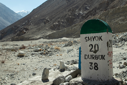 Shyok, Leh, India 09 April 2022 - Signage With Distance To Shyok Village And Durbuk Distance On Roadside Highway On The Way To Pangong Tso Lake In Ladakh And Leh In India