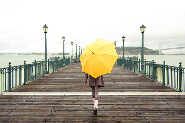 A girl with an umbrella on a San Francisco pier stock photo