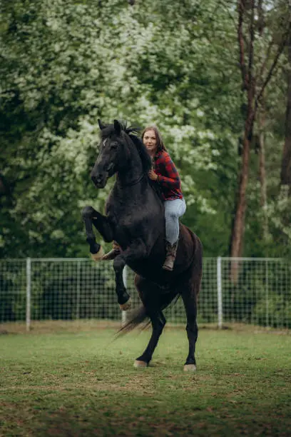 Beautiful young woman riding horse on grassy field against trees in ranch
