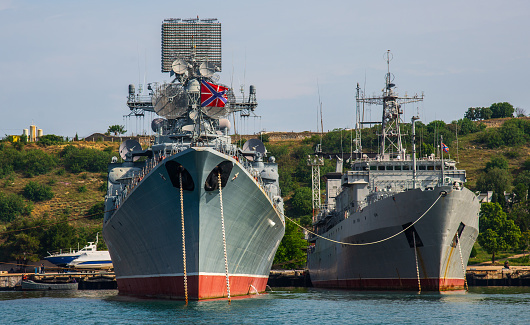 Yokosuka, Japan - May 25, 2023 : JS Izumo (DDH-183) at the Japan Maritime Self-Defense Force's base in Yokosuka, Kanagawa Prefecture, Japan.