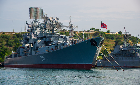 Sevastopol, Crimea - June 26, 2015: Russian cruiser Kerch. Naval base of the Black Sea Fleet. Ships of the Black Sea Fleet in the port of Sevastopol