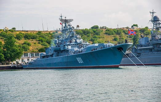 Sevastopol, Crimea - June 26, 2015: Russian frigate Ladny (801). Naval base of the Black Sea Fleet. Ships of the Black Sea Fleet in the port of Sevastopol