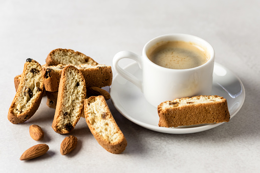 Cup of Coffee and Homemade Biscotti Tasty Italian Dessert Gray Background Horizontal