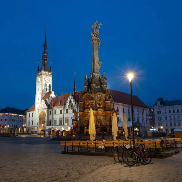 20.04. 2022. Night street scene on main square in the Olomouc, Bohemia, Czech republic.