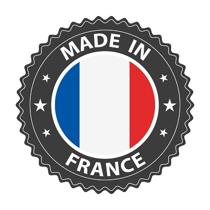 Made in France badge vector. Sticker with stars and national flag. Sign isolated on white background.