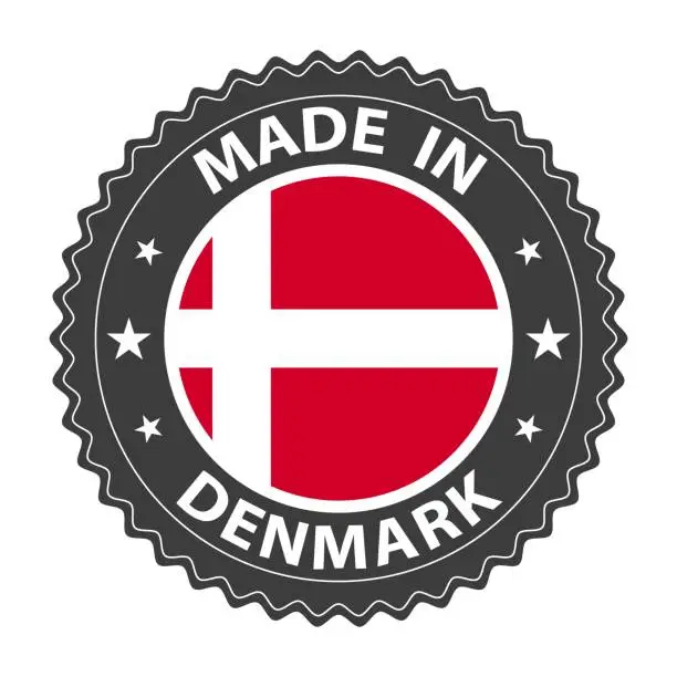 Vector illustration of Made in Denmark badge vector. Sticker with stars and national flag. Sign isolated on white background.