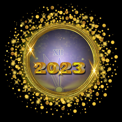 Gold and Dark Holiday Background. Happy New Year 2023 with glitter frame.