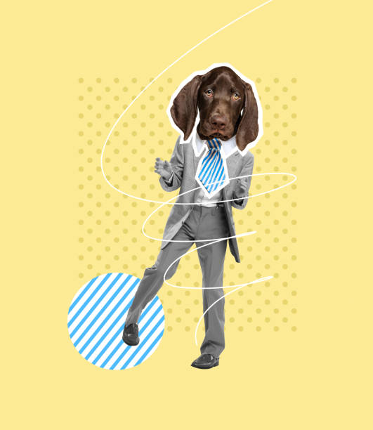istock Contemporary art collage. Cheerful businessman with dog muzzle head dancing, celebrating successful deal isolated on yellow background 1413084894