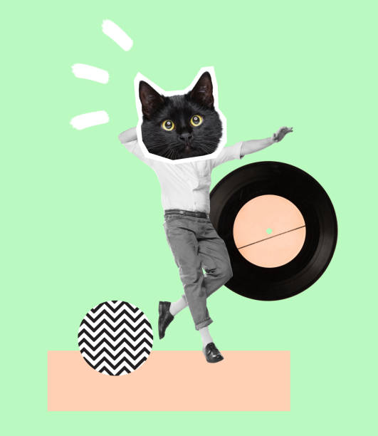 Contemporary art collage. Man with black cat muzzle head cheerfully dancing isolated over green background