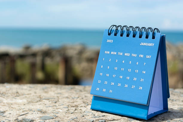 istock Blue January 2023 calendar on blurred background of blue ocean. 1413085241