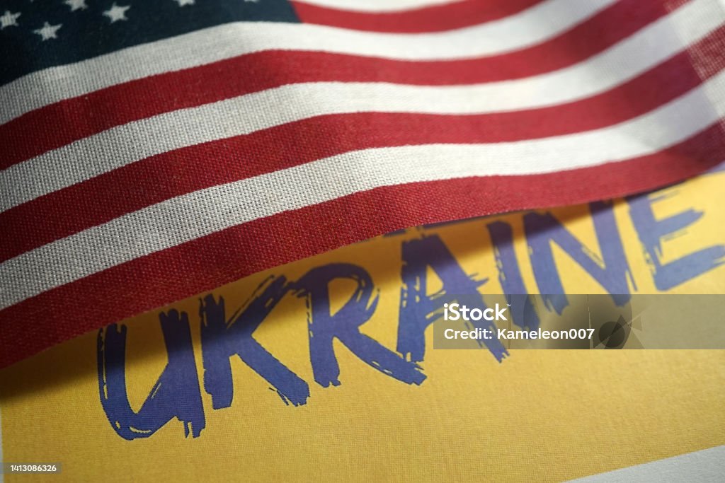 ukraine shot of american flag with ukraine Support Stock Photo
