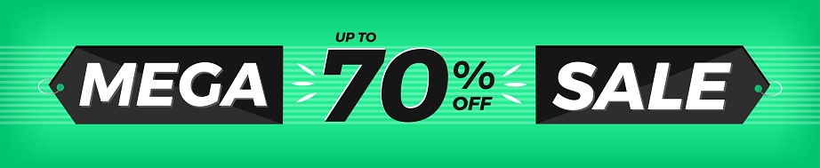70% off. Horizontal green banner. Advertising for Mega Sale. Up to seventy percent discount for promotions and offers.
