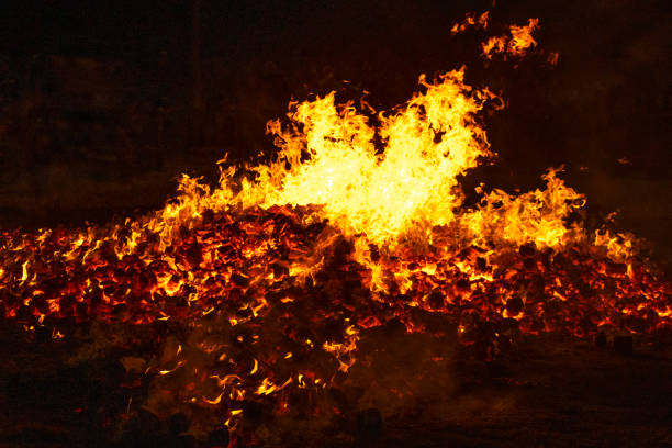 istock Bonfire flames by night. Combustion and flammable place. Hell 1413088203