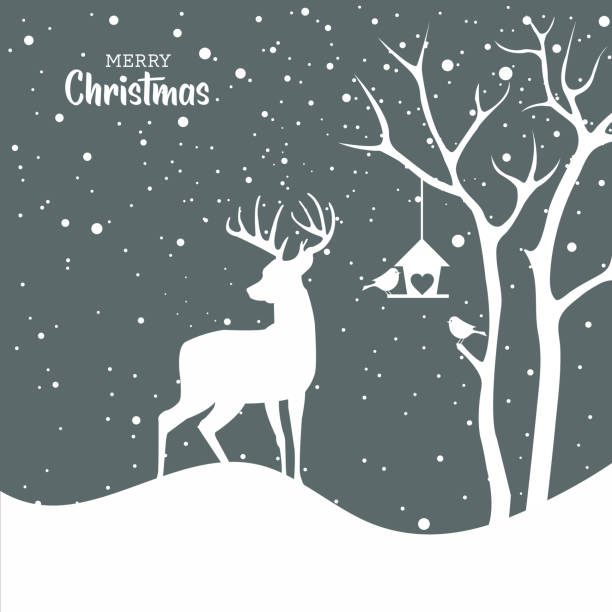 ilustraciones, imágenes clip art, dibujos animados e iconos de stock de tarjeta de navidad con un paisaje de ciervos e invierno - christmas deer christmas decoration tree