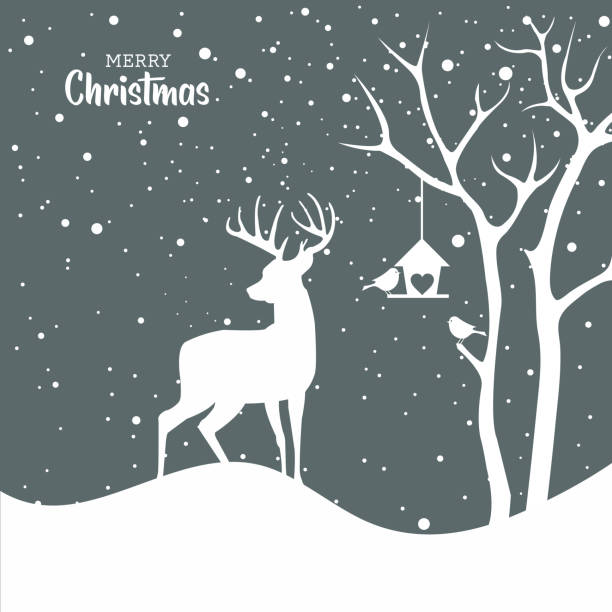 рождественская открытка с оленем и зимним пейзажем - forest deer stag male animal stock illustrations