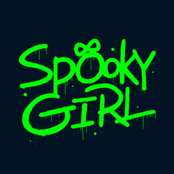 Urban street graffiti style. Slogan of Spooky girl. Green neon letters, black backdrop. Print for graphic tee, card, decoration. Concept for party, holiday, trick or treat. Nostalgia for 1980s -1990s. Cool vector illustration. 2000s style. Element for decoration, decor, graphic tee, sweatshirt, poster, banner. Picture for social media, blog, story, post, sticker, postcard, print, badge, label. EPS 10. 21st century style stock illustrations
