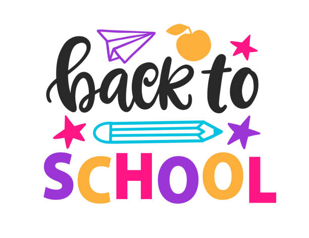 Back to School Vector hand lettering banner template Back to School Vector hand lettering banner template. Isolated in white. Kid T-Shirt, label sticker Design, Inscription element with hand drawn colorful doodles and ink modern calligraphy. word cool stock illustrations