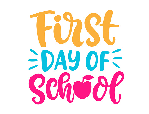 First day of school banner, handwritten lettering design element for poster, t shirt template with hand drawn ink modern calligraphy. Vector illustration inscription, isolated on white background