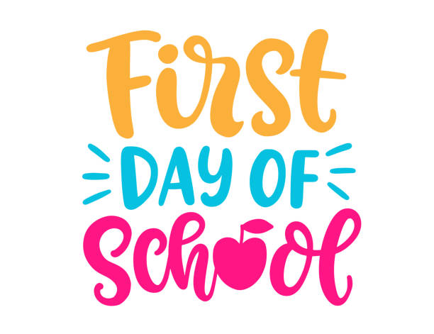 First day of school banner, handwritten lettering design element First day of school banner, handwritten lettering design element for poster, t shirt template with hand drawn ink modern calligraphy. Vector illustration inscription, isolated on white background first day of school stock illustrations