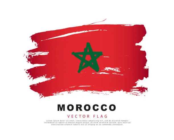Vector illustration of Flag of Morocco. Red and green brush strokes, hand drawn. Vector illustration isolated on white background.