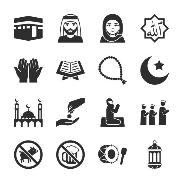 ilustrações, clipart, desenhos animados e ícones de ícones do islã definidos. atributos da religião. muçulmano. cultura árabe. ícone monocromático preto e branco. - kaffiyeh