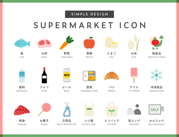 Set of simple supermarket icons. Set of simple supermarket icons.
Japanese meanings are available in the illustrations.
Illustration of food and beverage such as fish, meat, vegetable, fruit, and alcohol. things that go together stock illustrations
