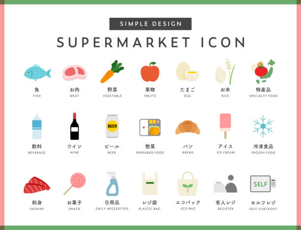 Set of simple supermarket icons. Set of simple supermarket icons.
Japanese meanings are available in the illustrations.
Illustration of food and beverage such as fish, meat, vegetable, fruit, and alcohol. buying liquor stock illustrations