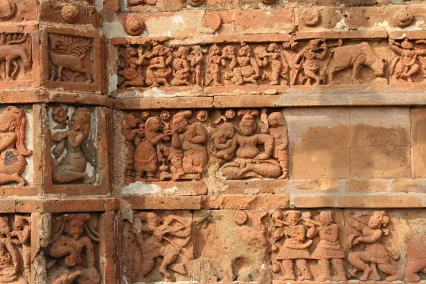 Photo of terracotta sculpture of a temple from Bishnupur Bankura district of West Bengal India.