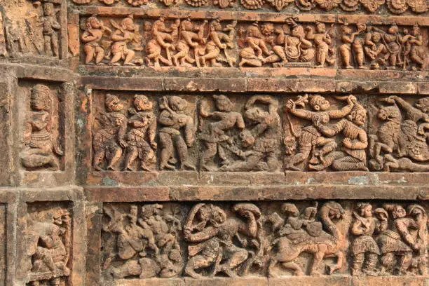 Photo of terracotta sculpture of a temple from Bishnupur Bankura district of West Bengal India.