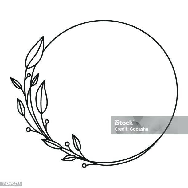 Bunga Ranting Elemen Bingkai Bulat Vektor Yang Digambar Dengan Elemen Bunga Herbal Daun ...